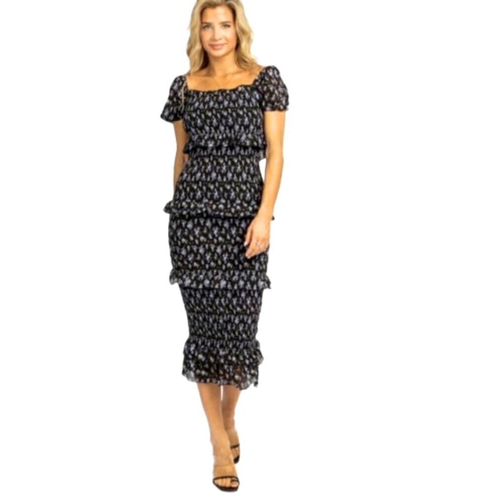 🆕 ANTHROPOLGIE MABLE black floral smocked midi dress small
